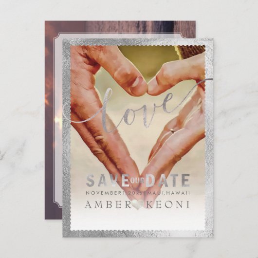 PixDezines Faux Silver Save the Date/Heart Aankondigingskaart (Voorkant / Achterkant)