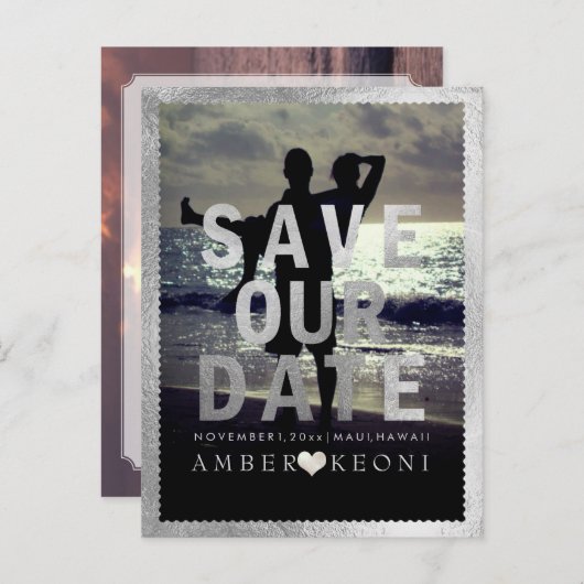 PixDezines Faux Silver Save the Date/Heart Aankondigingskaart (Voorkant / Achterkant)