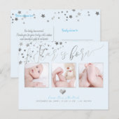 PixDezines Faux Silver Stars/Birth Announce Aankondigingskaart (Voorkant / Achterkant)