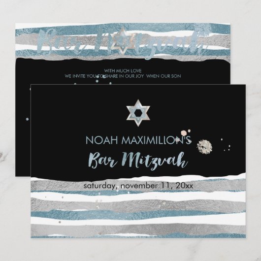PixDezines faux zilver/blauw/strepen bar mitswa Kaart (Voorkant / Achterkant)