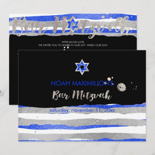PixDezines faux zilver/blauw/strepen bar mitswa Kaart (Voorkant / Achterkant)