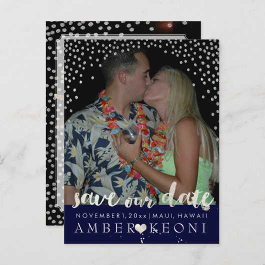 PixDezines faux zilver/confetti/datum opslaan/DIYc Aankondigingskaart (Voorkant / Achterkant)