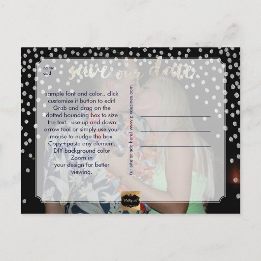 PixDezines faux zilver/confetti/datum opslaan/DIYc Aankondigingskaart (Achterkant)