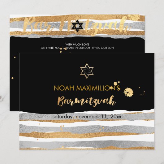 PixDezines faux zilver/goud/strepen bar mitswa Kaart (Voorkant / Achterkant)