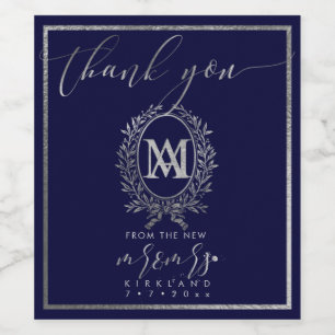 PixDezines Faux Zilver Monogram + Laurel krans Wijn Etiket