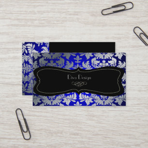 PixDezines faux zilveren barokke damast blauw/zwar Visitekaartje