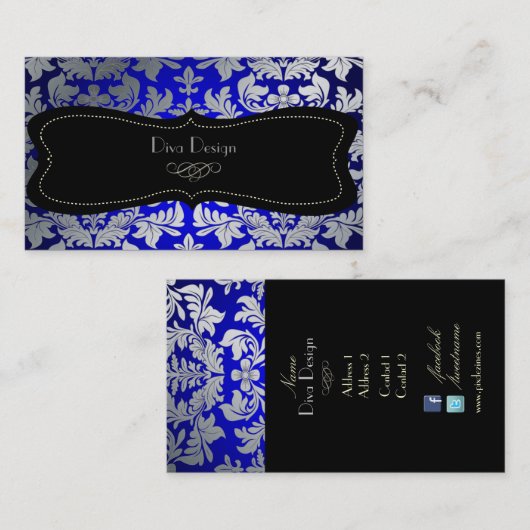 PixDezines faux zilveren barokke damast blauw/zwar Visitekaartje (Voorkant / Achterkant)