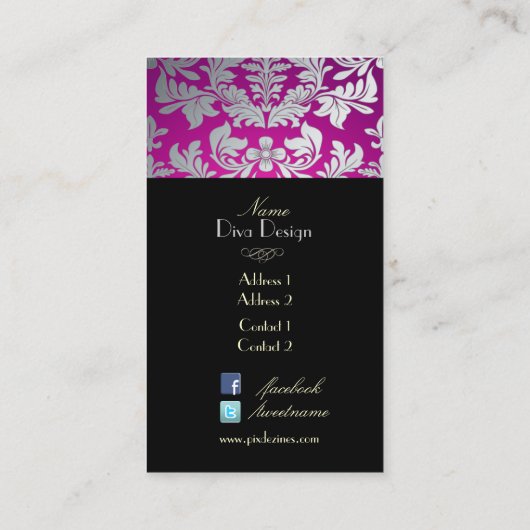 PixDezines faux zilveren barokke damast+juweel Visitekaartje (Achterkant)