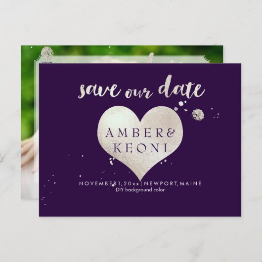 PixDezines faux zilveren hart/opslaan datum/DIY kl Aankondigingskaart (Voorkant / Achterkant)