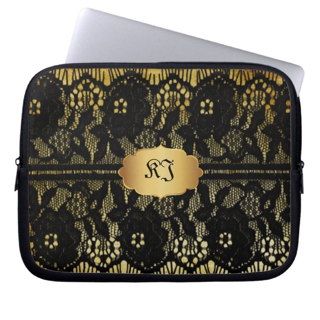 PixDezines  faux zwarte kant Laptop Sleeve (Voorkant)