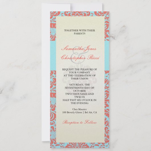 PixDezines Fidora Blue+Coral  Damask Kaart (Achterkant)