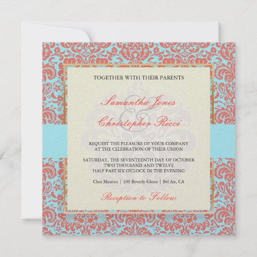 PixDezines Fidora Blue+Coral  Damask Kaart (Achterkant)