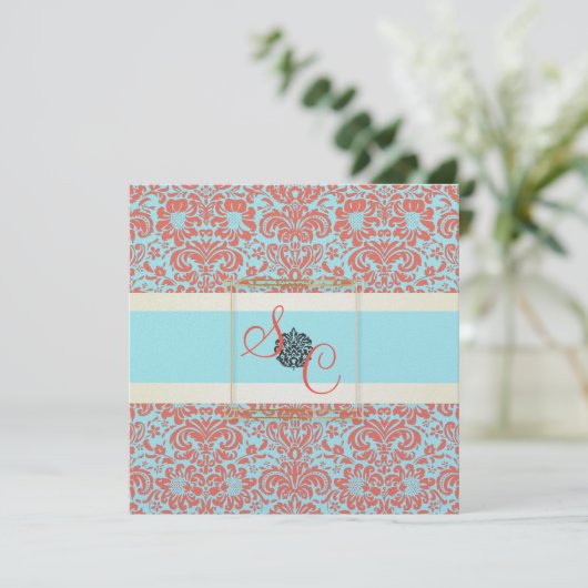 PixDezines Fidora Blue+Coral  Damask Kaart (Staand voorkant)