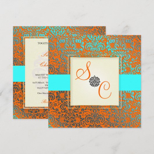 PixDezines Fidora Blue+Oranje Damask Kaart (Voorkant / Achterkant)