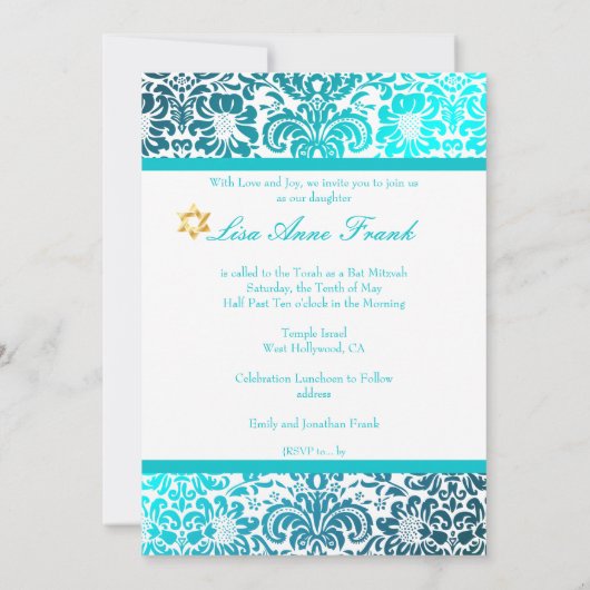 PixDezines FIDORA DAMASK BAT MITZVAH, TURQUOISE Kaart (Achterkant)