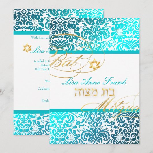 PixDezines FIDORA DAMASK BAT MITZVAH, TURQUOISE Kaart (Voorkant / Achterkant)