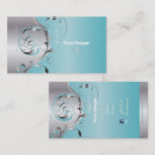 PixDezines Filigree+swirls/zilver+blauw ijs Visitekaartje (Voorkant / Achterkant)