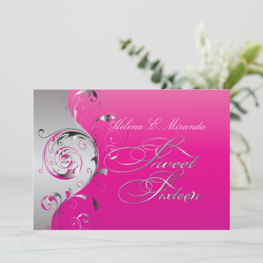 PixDezines Filigree+swirls/zilver+hete roze Kaart (Staand voorkant)