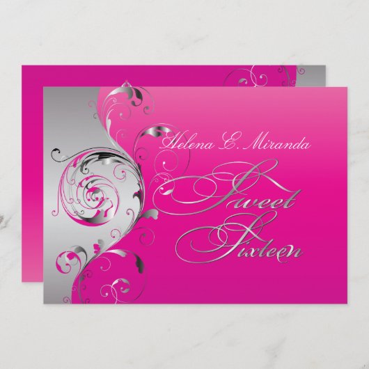 PixDezines Filigree+swirls/zilver+hete roze Kaart (Voorkant / Achterkant)