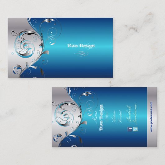 PixDezines Filigree+swirls/zilverblauw Visitekaartje (Voorkant / Achterkant)