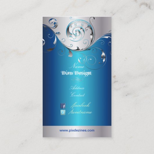 PixDezines Filigree+swirls/zilverblauw Visitekaartje (Achterkant)