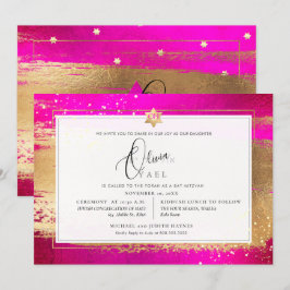PixDezines FLASHY PINK GOLD BRUSHSTROKE Mitzvah Kaart