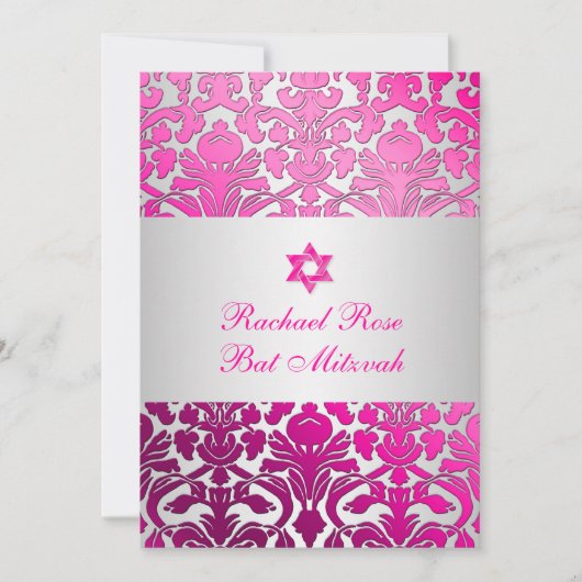 PixDezines Flora Damask Bat Mitzvah/Pink/Silver Kaart (Voorkant)