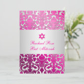 PixDezines Flora Damask Bat Mitzvah/Pink/Silver Kaart (Staand voorkant)