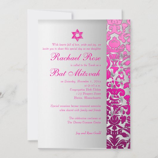 PixDezines Flora Damask Bat Mitzvah/Pink/Silver Kaart (Achterkant)