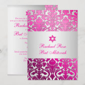 PixDezines Flora Damask Bat Mitzvah/Pink/Silver Kaart (Voorkant / Achterkant)
