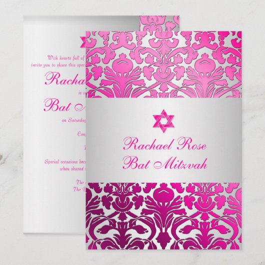 PixDezines Flora Damask Bat Mitzvah/Pink/Silver Kaart (Voorkant / Achterkant)
