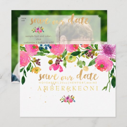 PixDezines floral/save the date/photo Aankondigingskaart (Voorkant / Achterkant)