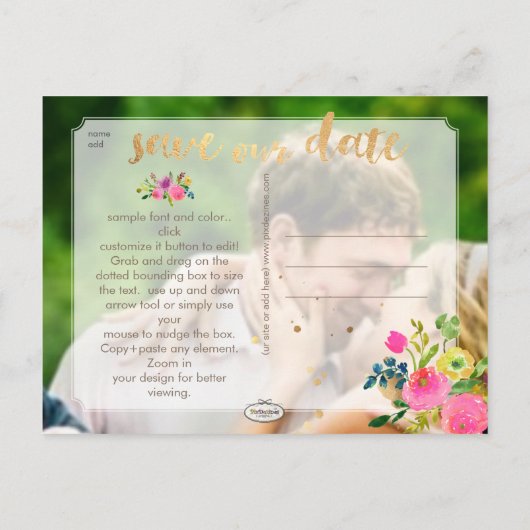 PixDezines floral/save the date/photo Aankondigingskaart (Achterkant)