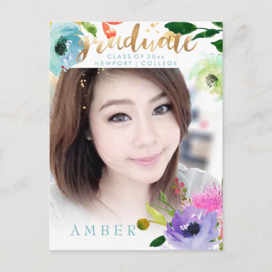 PixDezines Floral Waterverf Afstuderen foto Aankondigingskaart (Voorkant)