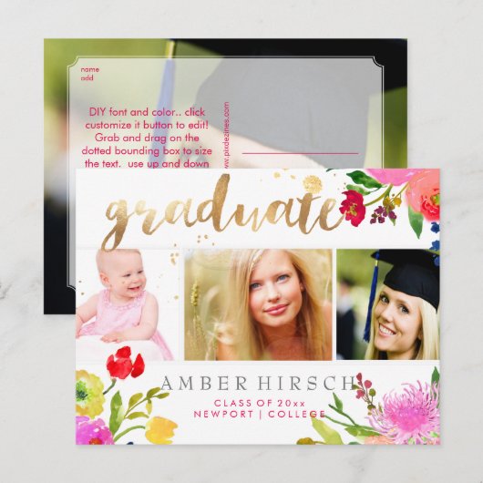 PixDezines Floral Waterverf Afstuderen foto's Aankondigingskaart (Voorkant / Achterkant)