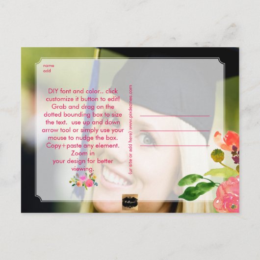 PixDezines Floral Waterverf Afstuderen foto's Aankondigingskaart (Achterkant)