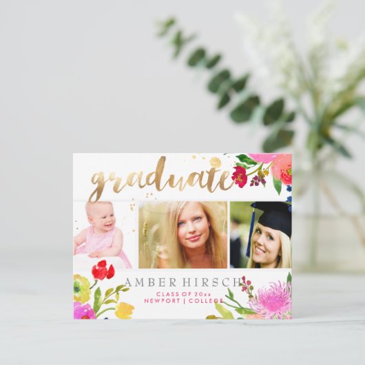 PixDezines Floral Waterverf Afstuderen foto's Aankondigingskaart (Staand voorkant)