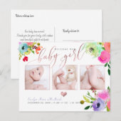 PixDezines Floral Waterverf Baby Girl Aankondigingskaart (Voorkant / Achterkant)