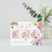 PixDezines Floral Waterverf Baby Girl Aankondigingskaart (Staand voorkant)