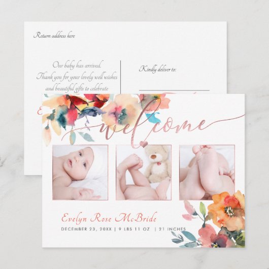 PixDezines Floral Waterverf Baby Girl Aankondigingskaart (Voorkant / Achterkant)