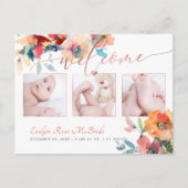 PixDezines Floral Waterverf Baby Girl Aankondigingskaart (Voorkant)