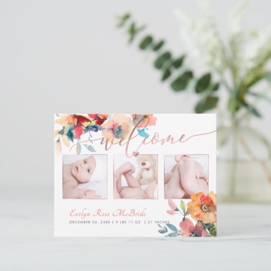PixDezines Floral Waterverf Baby Girl Aankondigingskaart (Staand voorkant)