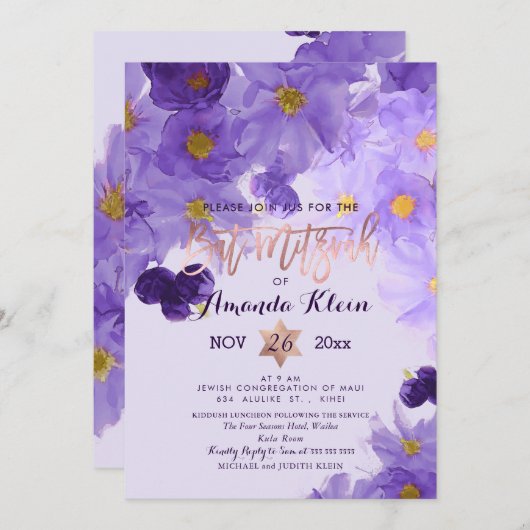 PixDezines Floral Waterverf Bat Mitzvah Kaart (Voorkant / Achterkant)