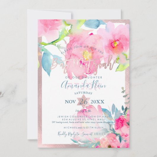 PixDezines Floral Waterverf Bat Mitzvah Kaart (Voorkant)