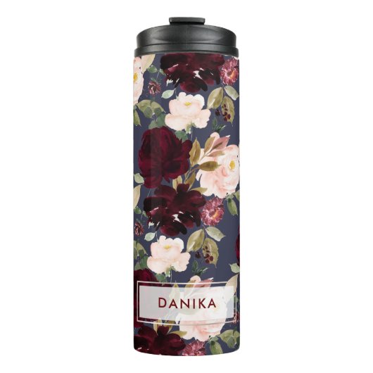 PixDezines Floral Waterverf Blush Burgundy Navy Thermosbeker (Voorkant)