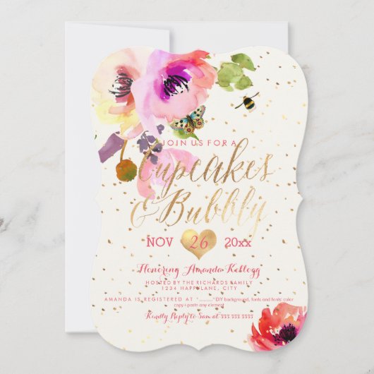 PixDezines Floral Waterverf Cupcakes+Bubble Kaart (Voorkant)