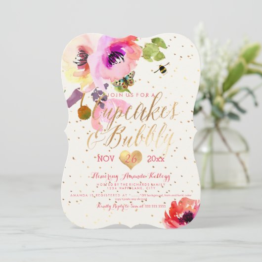 PixDezines Floral Waterverf Cupcakes+Bubble Kaart (Staand voorkant)