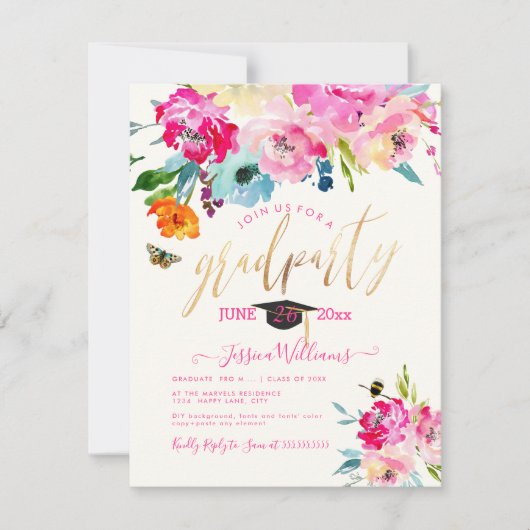 PixDezines Floral Waterverf Graduation Party Kaart (Voorkant)