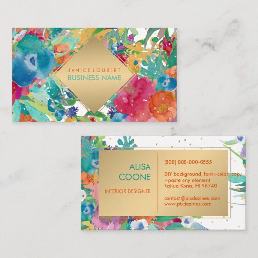 PixDezines Floral Waterverf/Pansies/goudsoorten Visitekaartje (Voorkant / Achterkant)