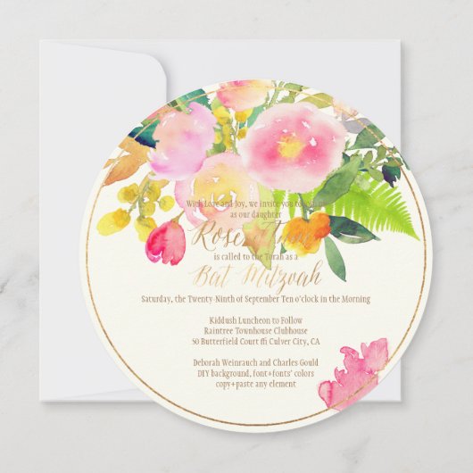 PixDezines Floral Waterverf/Peonies/Bat Mitzvah Kaart (Achterkant)